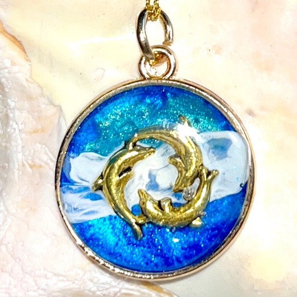 Hand Crafted Jewelry - NWT Ocean Pendant Necklace Dolphins at Play